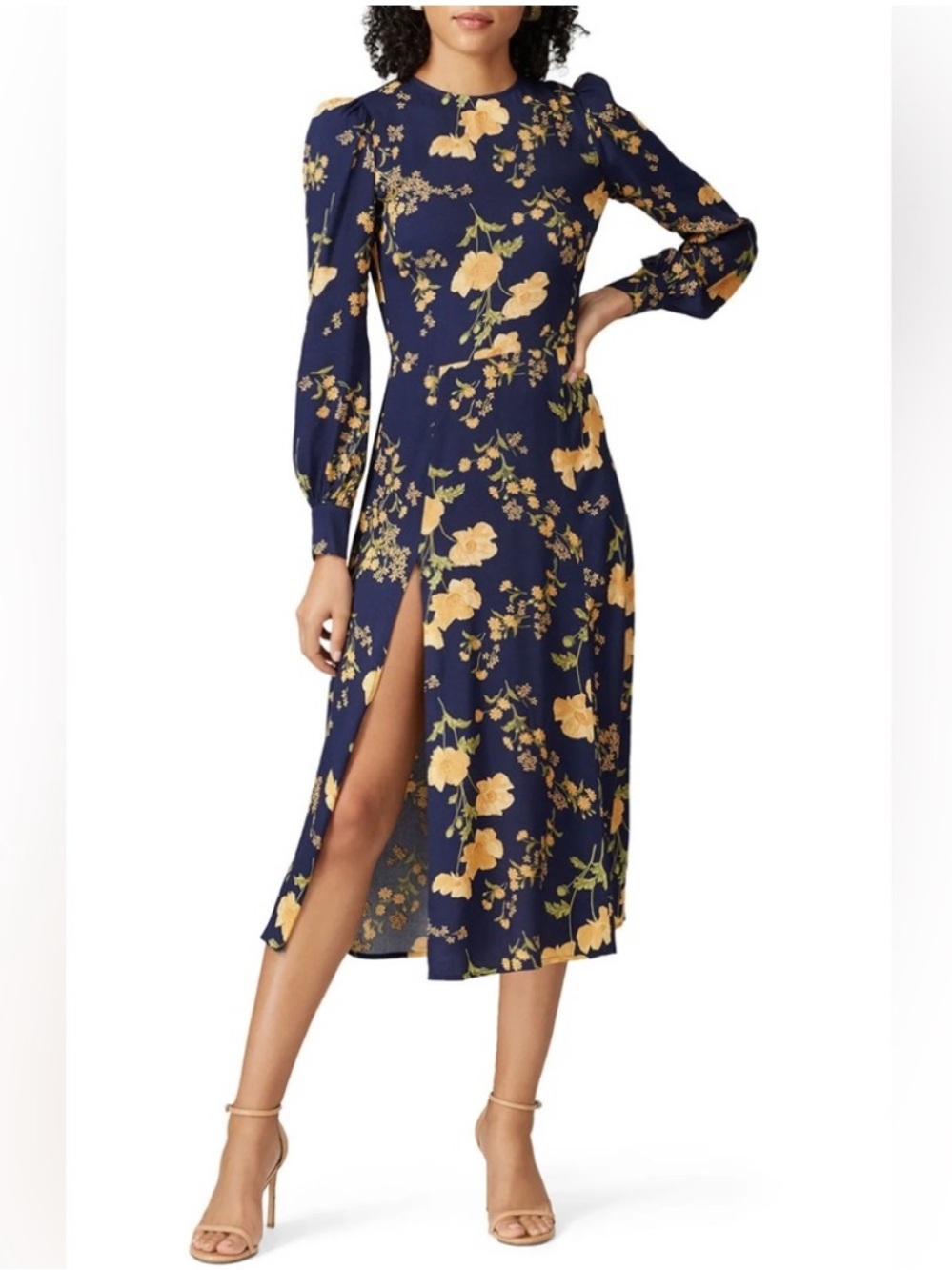Reformation Creed Navy Yellow Floral Long Sleeve Midi Dress Side Slit US 12 $248